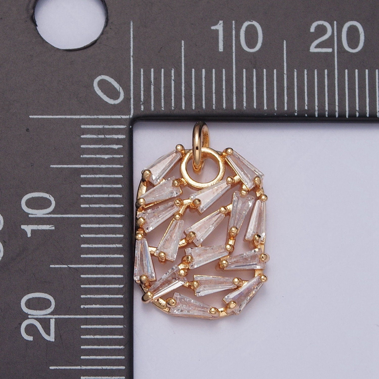 16k Gold Pave CZ Baguette Stones Cluster Pendant, Abstract Oval Cluster Cubic Cut Necklace Charm | X-243