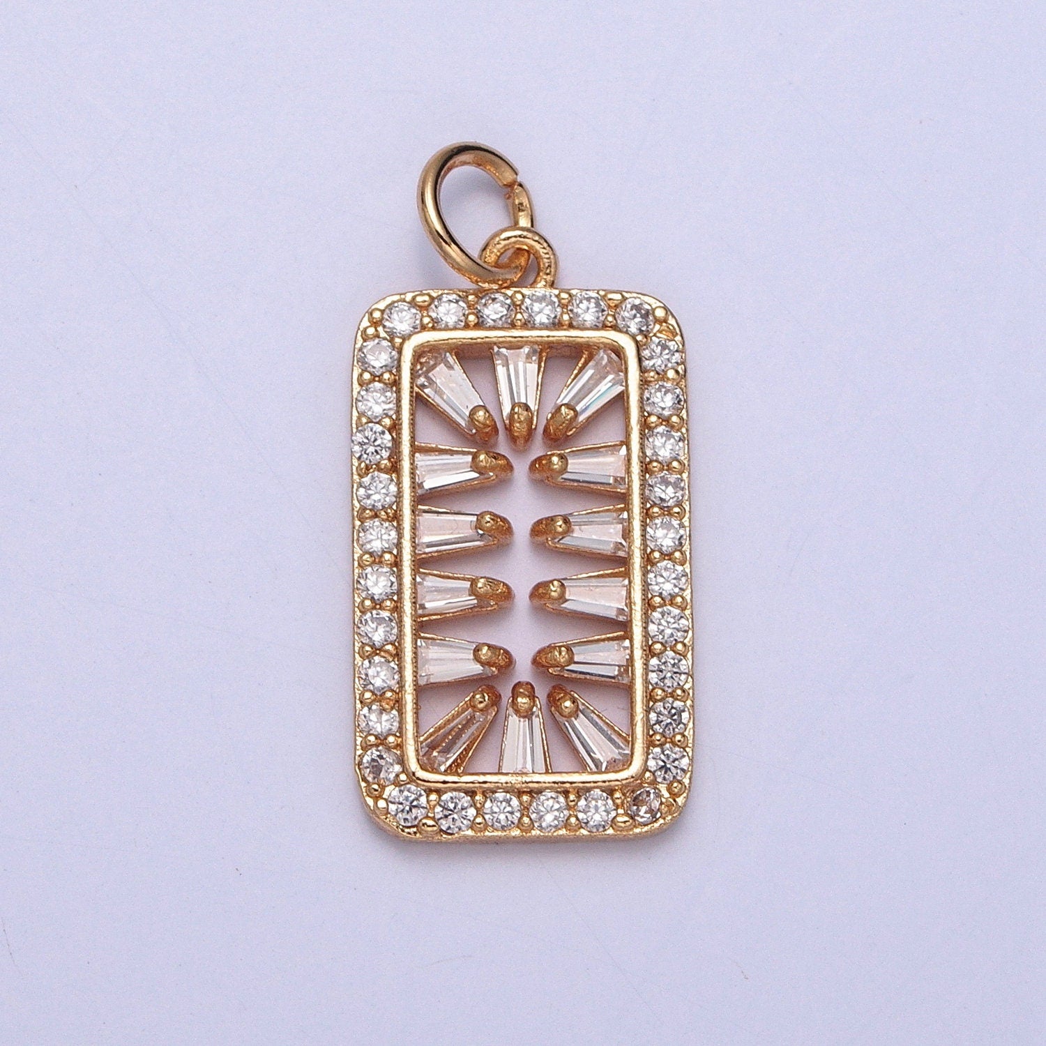 16K Gold Filled Rectangular Micro Pave CZ Baguette Stones Spikes Tag Pendant | X-244