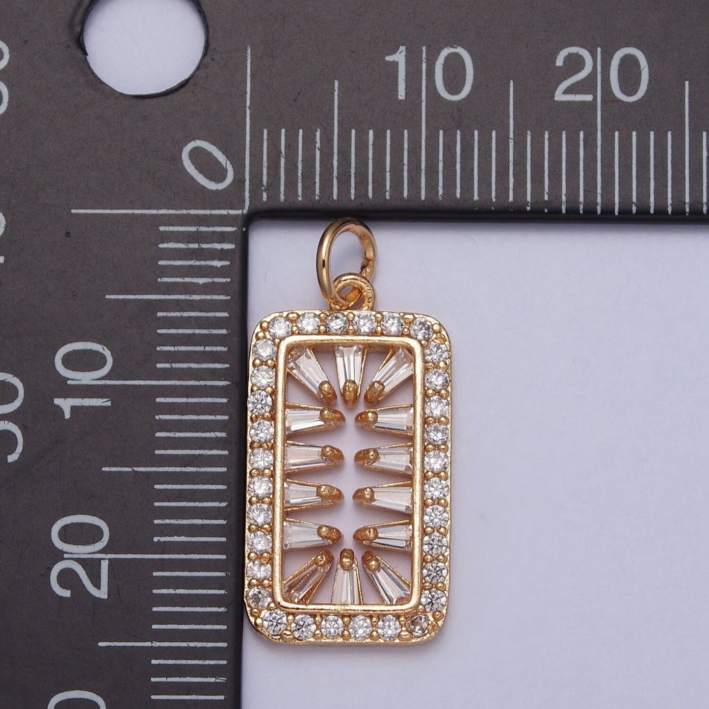 16K Gold Filled Rectangular Micro Pave CZ Baguette Stones Spikes Tag Pendant | X-244