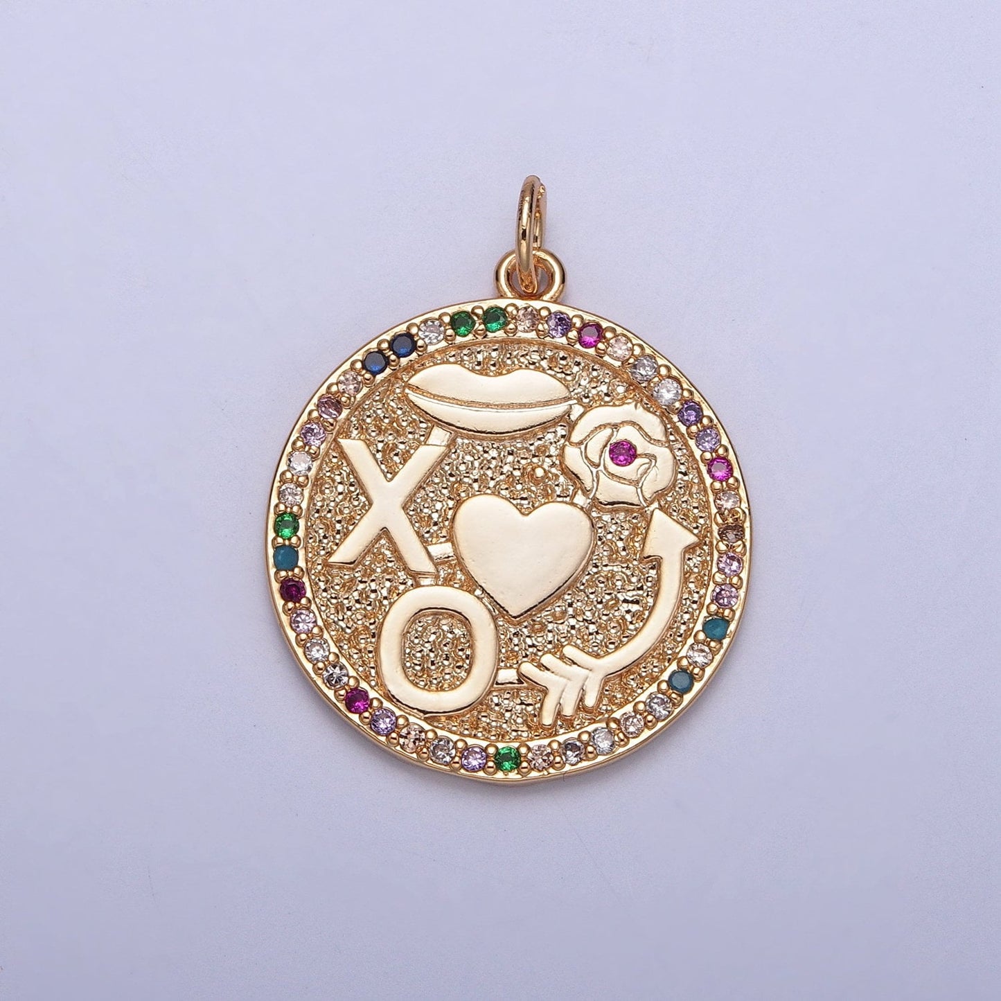 Dainty Round XO Roses Kisses Arrow Colored Micro CZ Pave Stone Medallion Coin Pendant | DIY Charm Add on Necklace Bracelet Earring | X-248