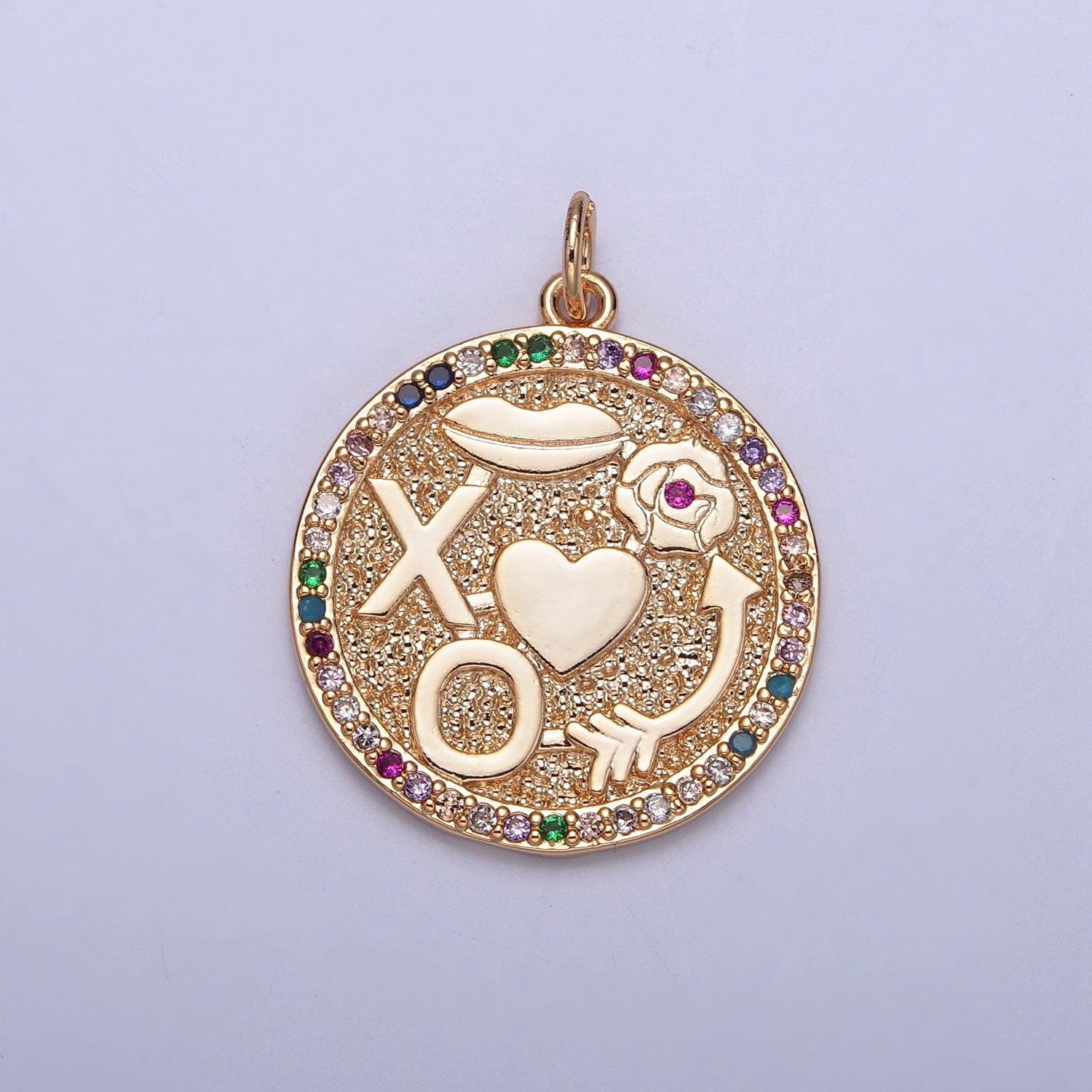 Dainty Round XO Roses Kisses Arrow Colored Micro CZ Pave Stone Medallion Coin Pendant | DIY Charm Add on Necklace Bracelet Earring | X-248