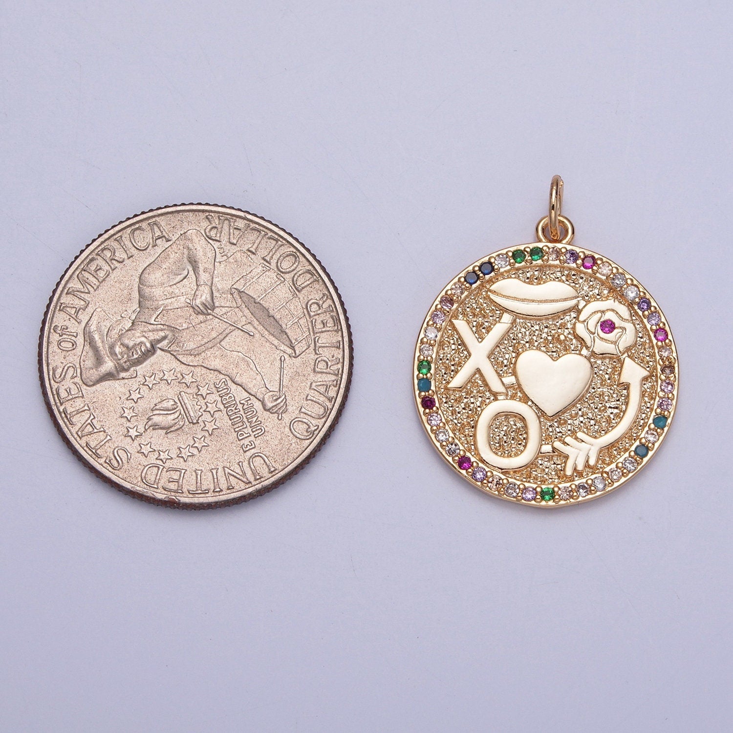 Dainty Round XO Roses Kisses Arrow Colored Micro CZ Pave Stone Medallion Coin Pendant | DIY Charm Add on Necklace Bracelet Earring | X-248
