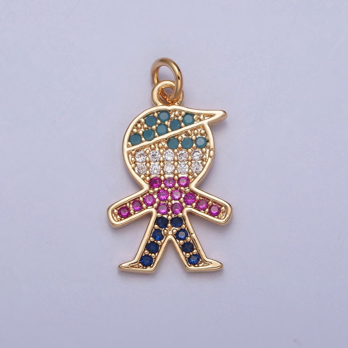 16K Gold Plated Cute Mini Person Micro Pave Colored CZ Stones Pendant | DIY Pendant Piece for Necklace Bracelet | X-249