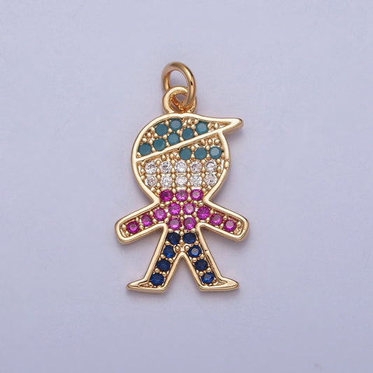 16K Gold Plated Cute Mini Person Micro Pave Colored CZ Stones Pendant | DIY Pendant Piece for Necklace Bracelet | X-249