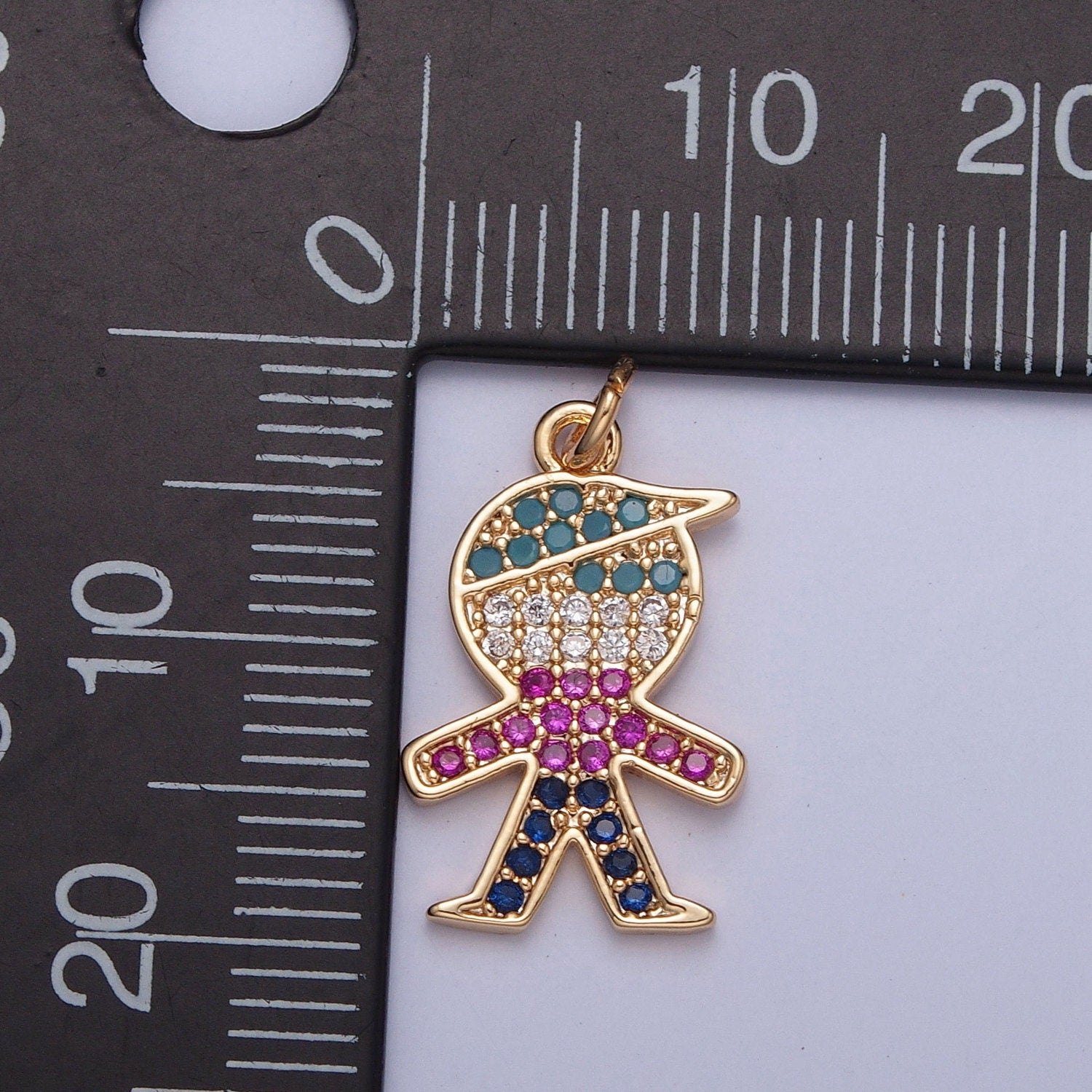16K Gold Plated Cute Mini Person Micro Pave Colored CZ Stones Pendant | DIY Pendant Piece for Necklace Bracelet | X-249