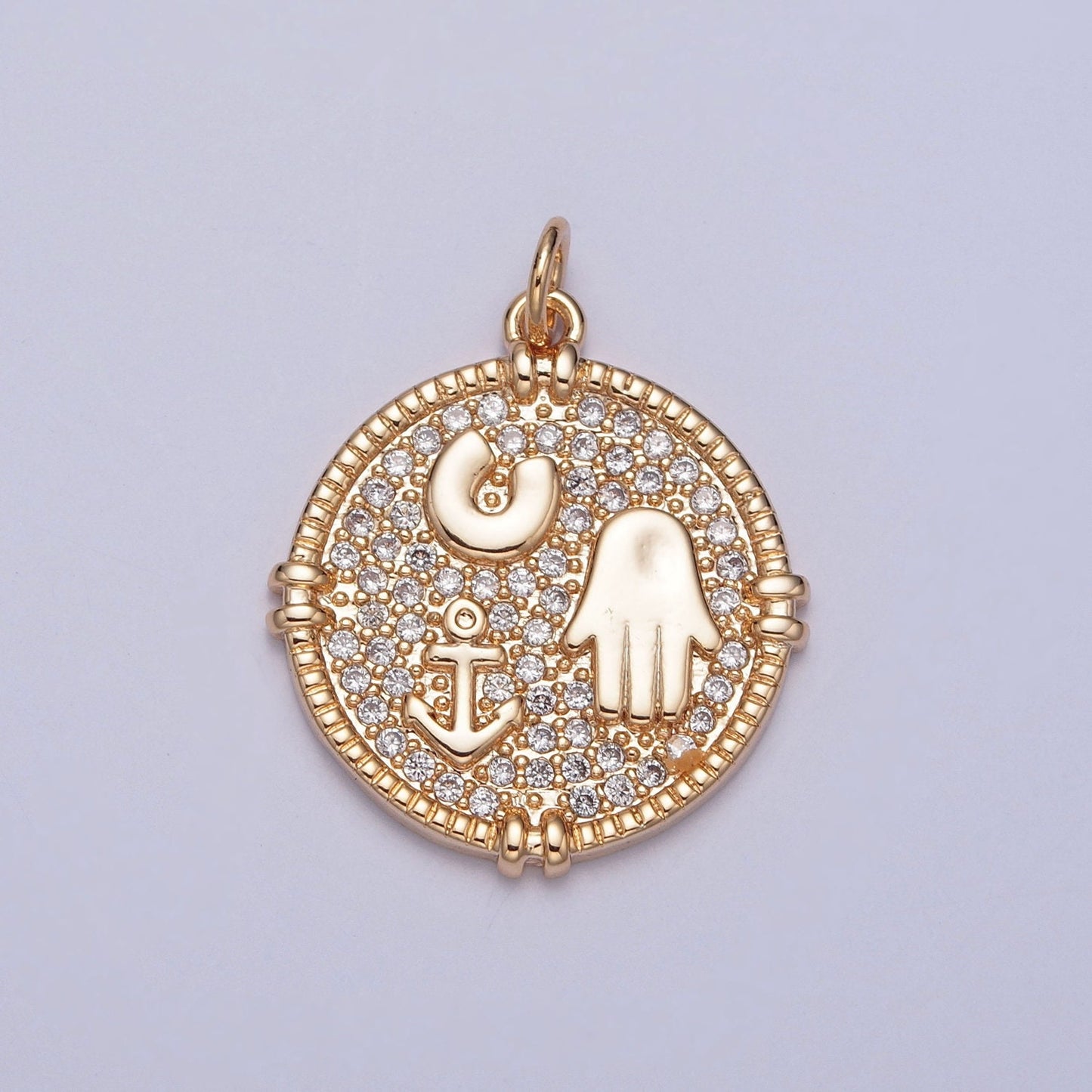16K Gold Round Hamsa Hand Anchor Horseshoe Micro CZ Pave Medallion Coin Pendant Locket Edge | DIY Charm Necklace Bracelet Earring | X-260