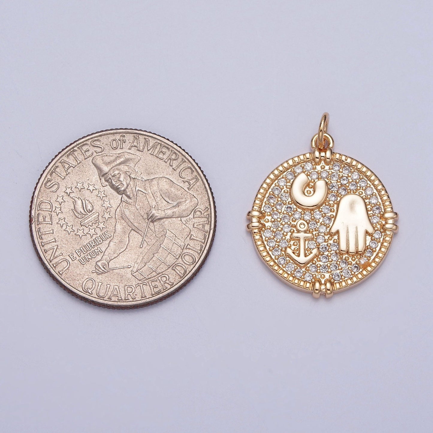 16K Gold Round Hamsa Hand Anchor Horseshoe Micro CZ Pave Medallion Coin Pendant Locket Edge | DIY Charm Necklace Bracelet Earring | X-260
