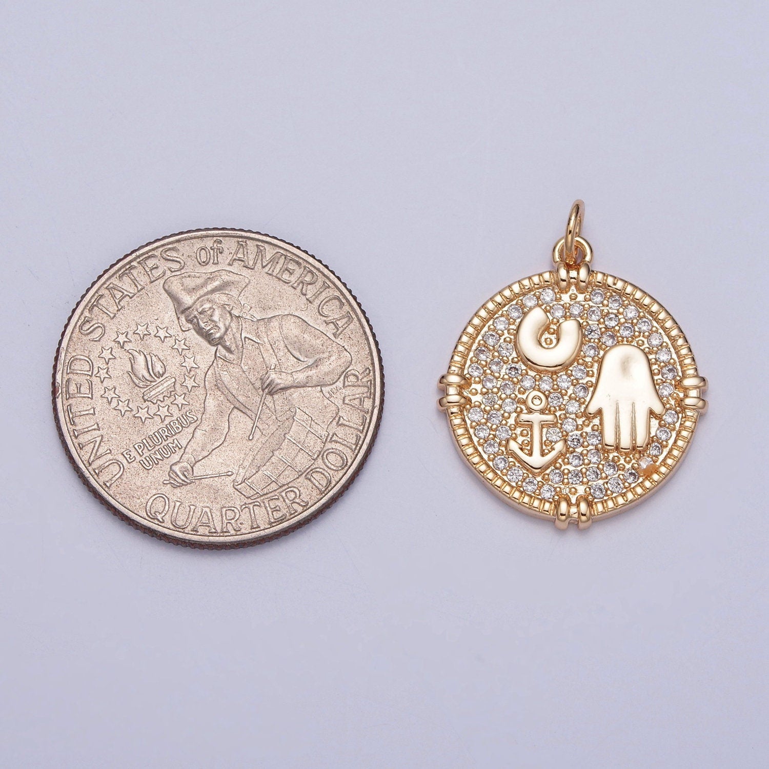 16K Gold Round Hamsa Hand Anchor Horseshoe Micro CZ Pave Medallion Coin Pendant Locket Edge | DIY Charm Necklace Bracelet Earring | X-260