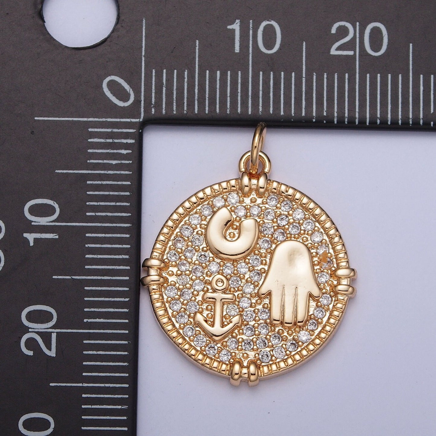 16K Gold Round Hamsa Hand Anchor Horseshoe Micro CZ Pave Medallion Coin Pendant Locket Edge | DIY Charm Necklace Bracelet Earring | X-260