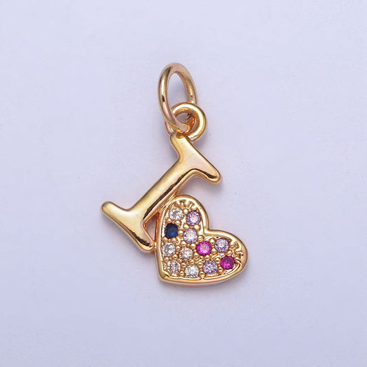 16K Gold Plated Dainty I Love I Heart Charm Colored Micro Pave CZ Stones I Heart Pendant, Love Heart Pendant Jewelry | X-231