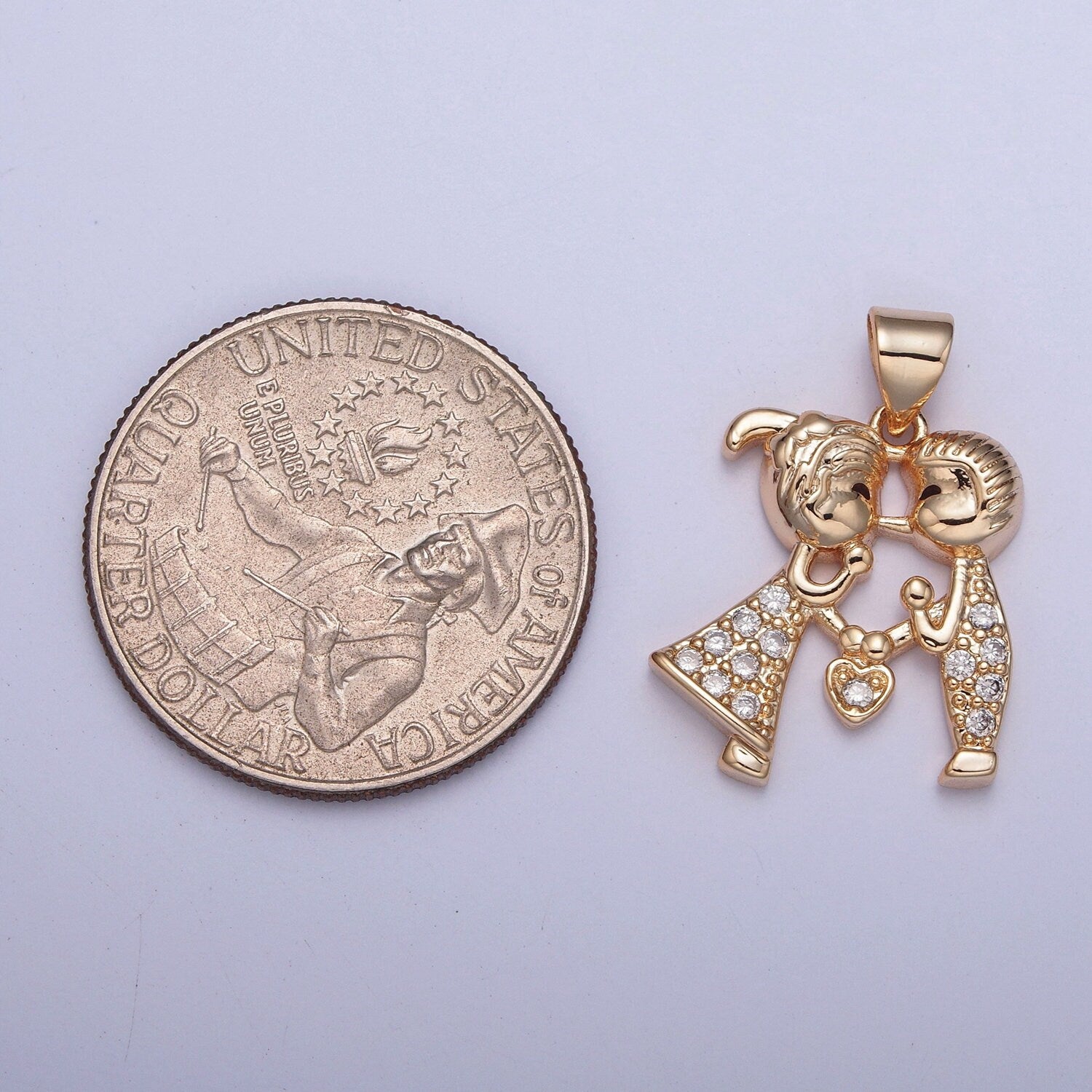 16K Gold Filled Kissing Couple Characters Holding a Love Heart Micro Pave CZ Pendant, Dainty Loving Couple Boy and Girl Charm | X-393