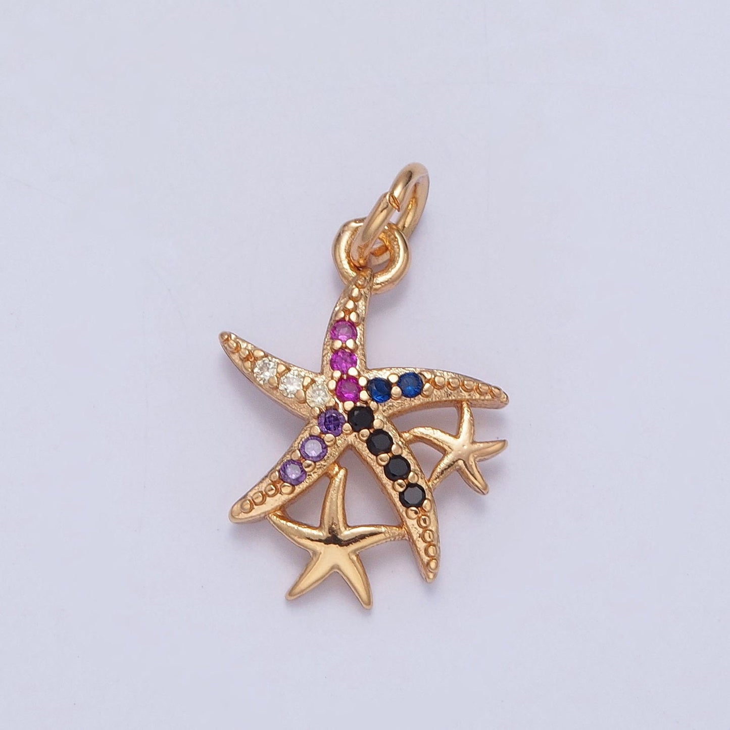 16K Gold Dainty Three Starfish Micro Pave CZ Clear Multicolored Stone Pendant, Charm Crystal Cz for Necklace Bracelet Supply | X-222, X-223