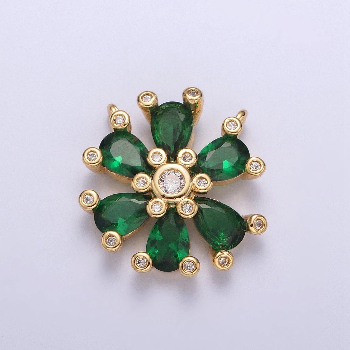 24K Gold Plated Dainty Gold Emerald Green Six Petals Flower Charm Connector for Bracelet Necklace Lucky Floral Florette Jewelry | G-914