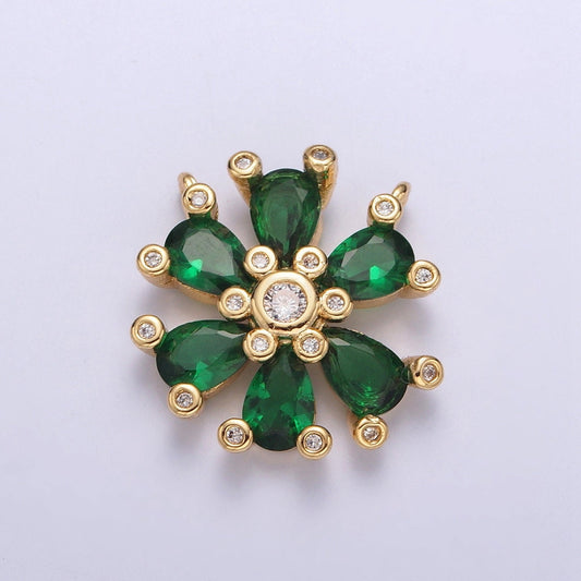 24K Gold Plated Dainty Gold Emerald Green Six Petals Flower Charm Connector for Bracelet Necklace Lucky Floral Florette Jewelry | G-914