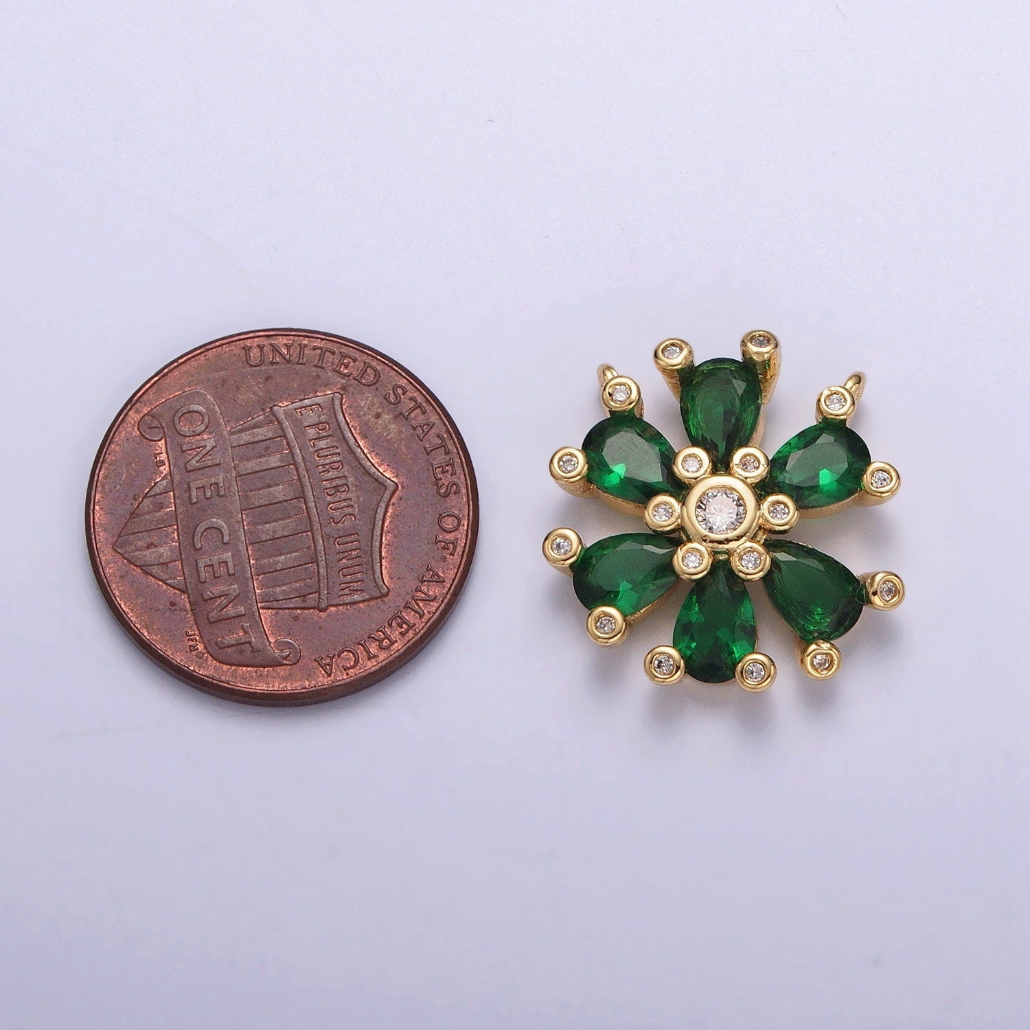 24K Gold Plated Dainty Gold Emerald Green Six Petals Flower Charm Connector for Bracelet Necklace Lucky Floral Florette Jewelry | G-914