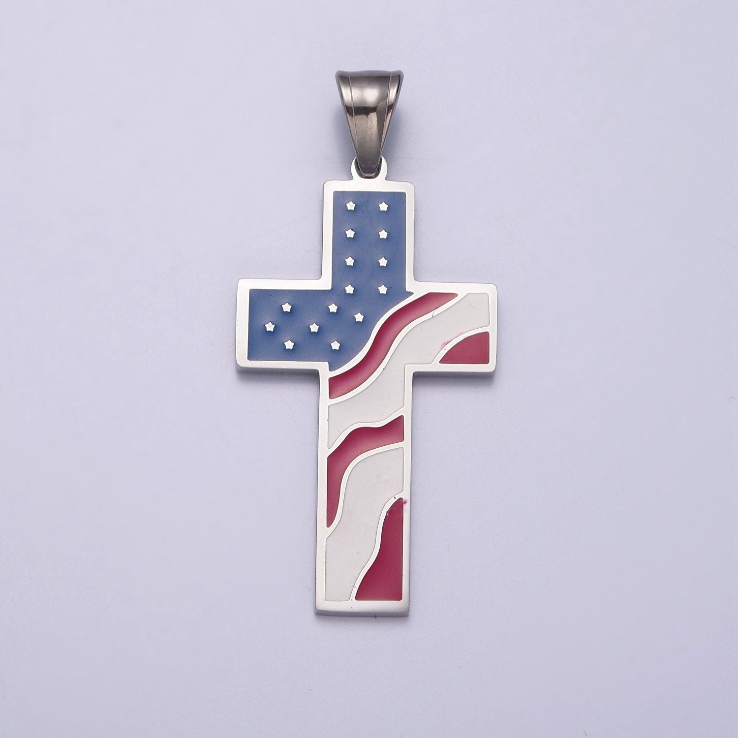 United States of America USA Flag on Cross, Stainless Steel Catholic Religious Charms, Silver Religious Charms For Jewelry Making | I-353