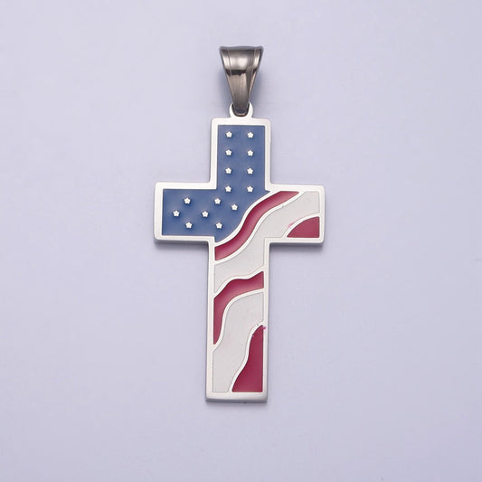 United States of America USA Flag on Cross, Stainless Steel Catholic Religious Charms, Silver Religious Charms For Jewelry Making | I-353
