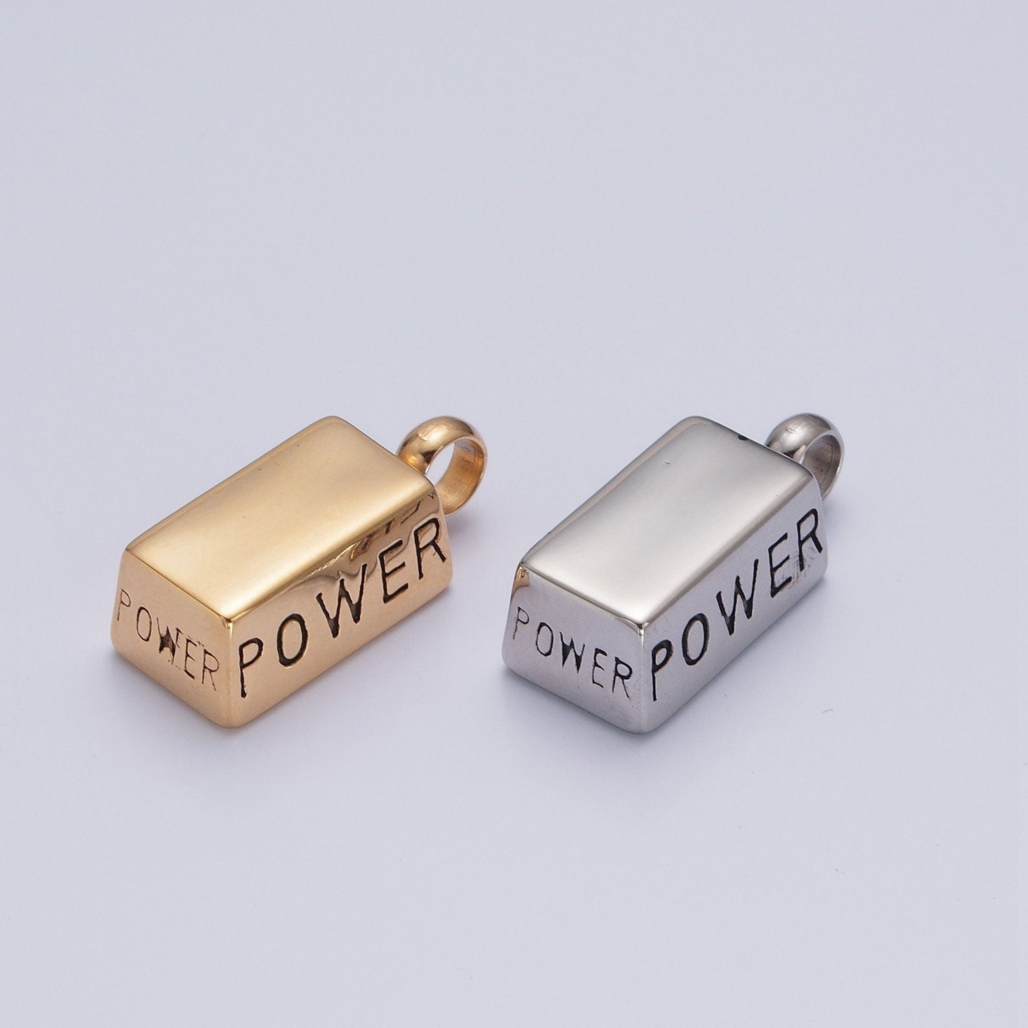 Stainless Steel Gold Silver Solid Bar "Power" Pendant, Gold Silver Power Strength Weight Charm, for DIY Charms Bracelet | X-645, X-646