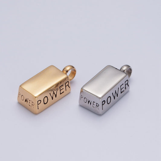 Stainless Steel Gold Silver Solid Bar "Power" Pendant, Gold Silver Power Strength Weight Charm, for DIY Charms Bracelet | X-645, X-646