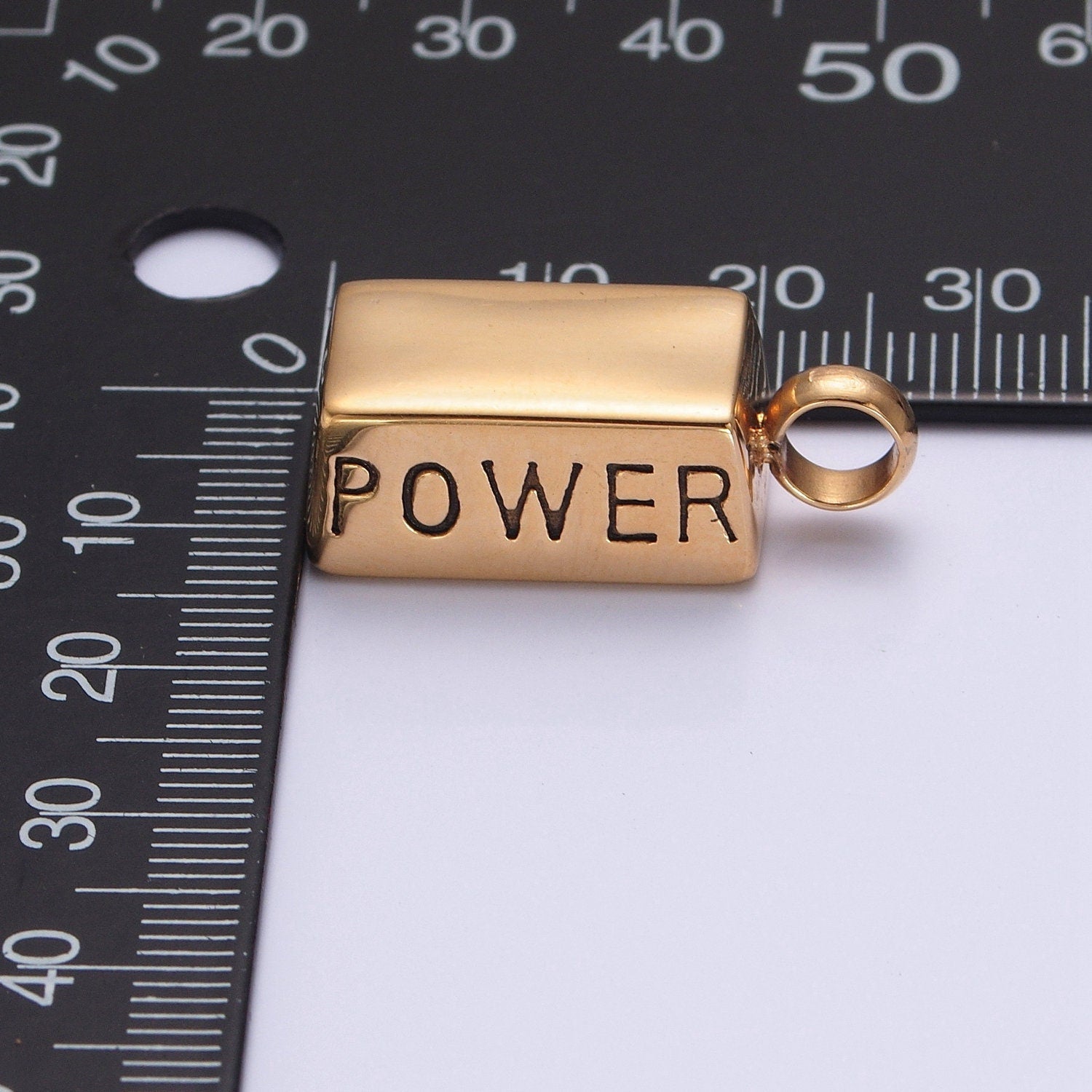 Stainless Steel Gold Silver Solid Bar "Power" Pendant, Gold Silver Power Strength Weight Charm, for DIY Charms Bracelet | X-645, X-646