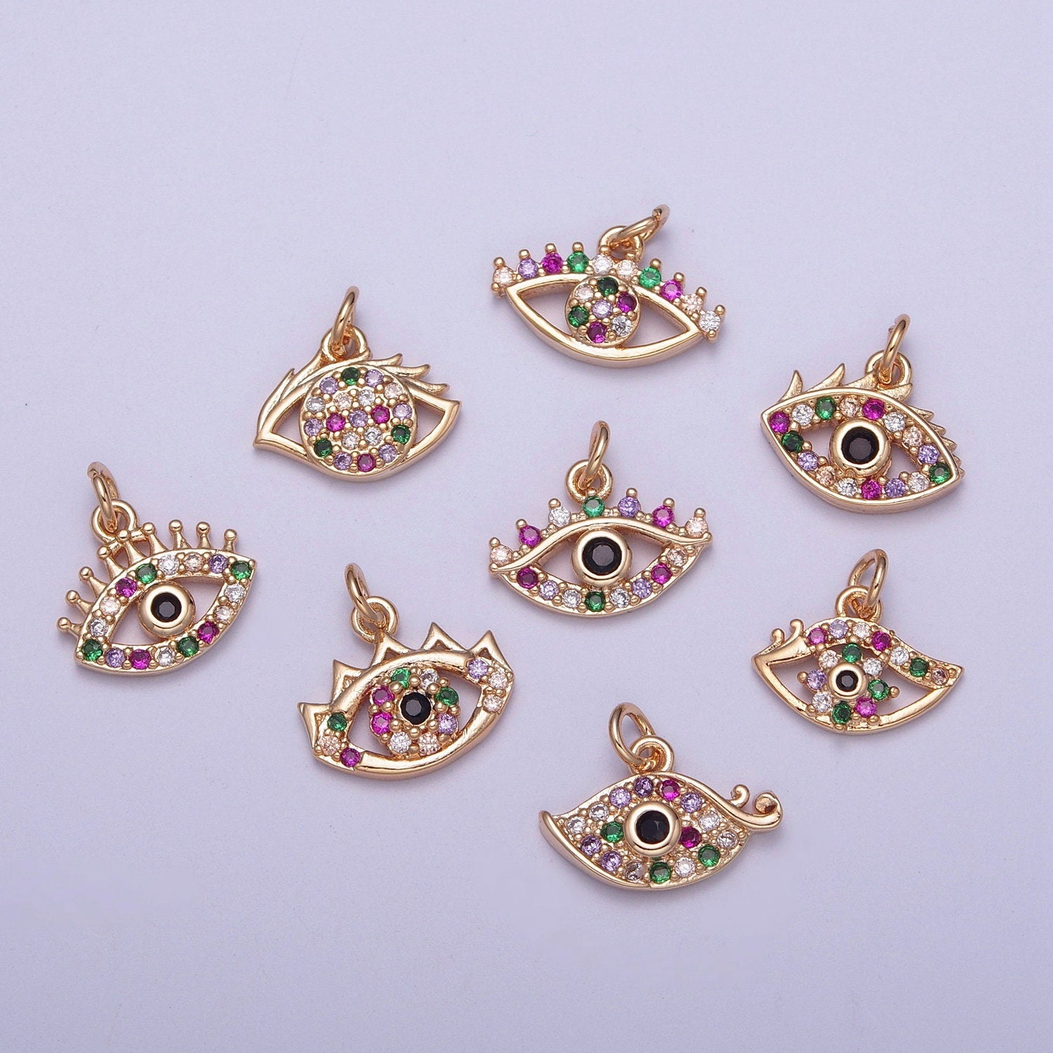 14K Gold Mini Multicolored Evil Eye Varieties Pendant Micro Pave Cubic Zarconia CZ Stones for Bracelet Necklace Jewelry | X-175~X-182