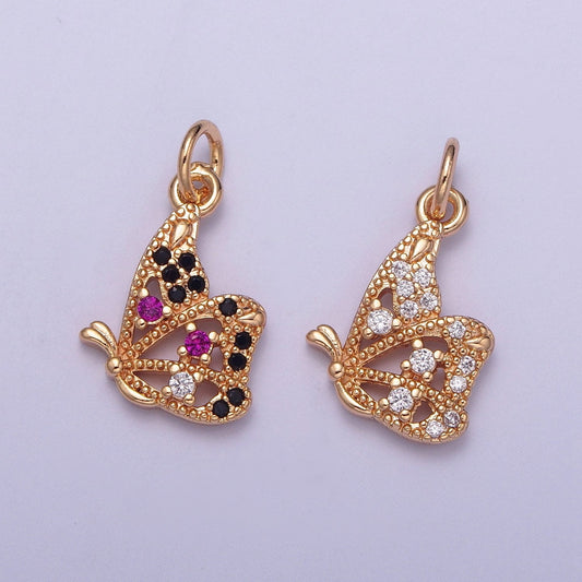 14K Gold Dainty Side-View Butterfly Colored/Clear Micro Pave CZ Stone Pendant, Beautiful Winged Butterfly Crystal Cz Charm | X-183, X-184