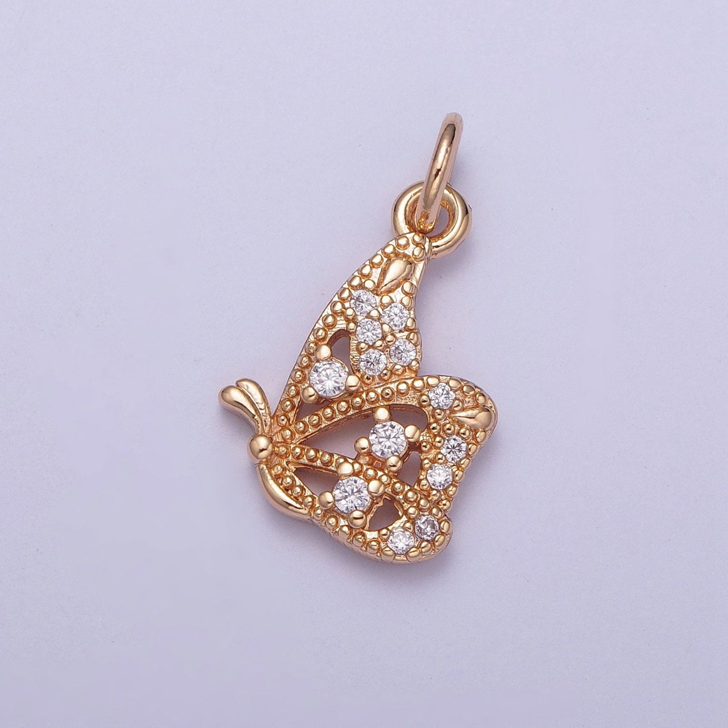 14K Gold Dainty Side-View Butterfly Colored/Clear Micro Pave CZ Stone Pendant, Beautiful Winged Butterfly Crystal Cz Charm | X-183, X-184