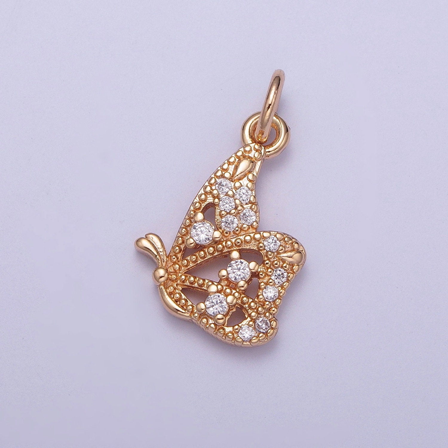 14K Gold Dainty Side-View Butterfly Colored/Clear Micro Pave CZ Stone Pendant, Beautiful Winged Butterfly Crystal Cz Charm | X-183, X-184