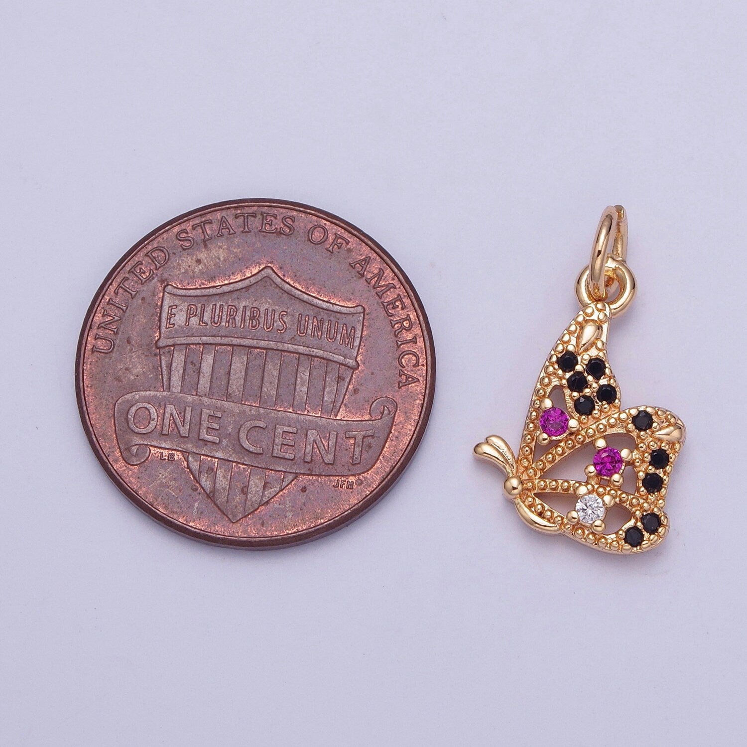 14K Gold Dainty Side-View Butterfly Colored/Clear Micro Pave CZ Stone Pendant, Beautiful Winged Butterfly Crystal Cz Charm | X-183, X-184