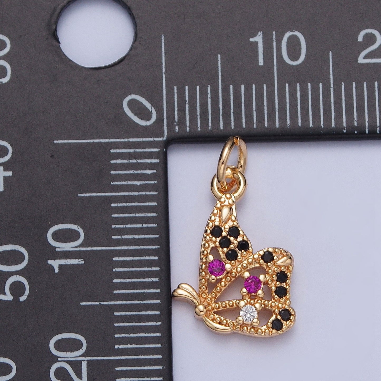 14K Gold Dainty Side-View Butterfly Colored/Clear Micro Pave CZ Stone Pendant, Beautiful Winged Butterfly Crystal Cz Charm | X-183, X-184