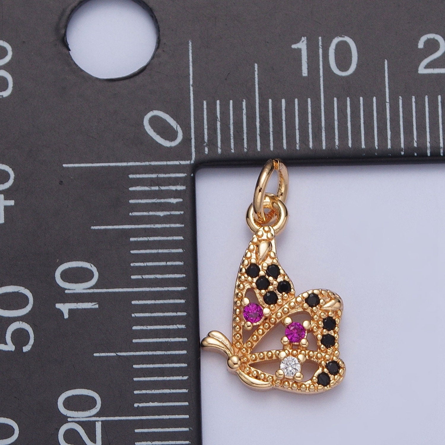 14K Gold Dainty Side-View Butterfly Colored/Clear Micro Pave CZ Stone Pendant, Beautiful Winged Butterfly Crystal Cz Charm | X-183, X-184