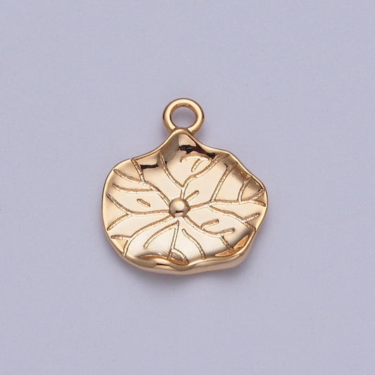 16K Gold Plated Dainty Lily Pod Leaf Pendant with Clear CZ Baguette Stone, Reticulate Venation Leaf Branched Out Veins Charm | X-200