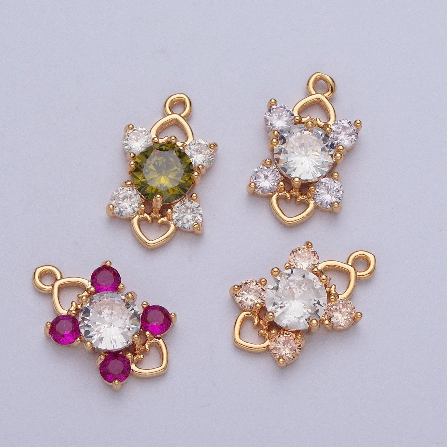 Dainty Gold 4-Pointed Side Stars Colored/Clear Charm Love Heart Link Micro Pave Cubic Zarconia CZ Stones for Necklace Jewelry | X-211~X-214