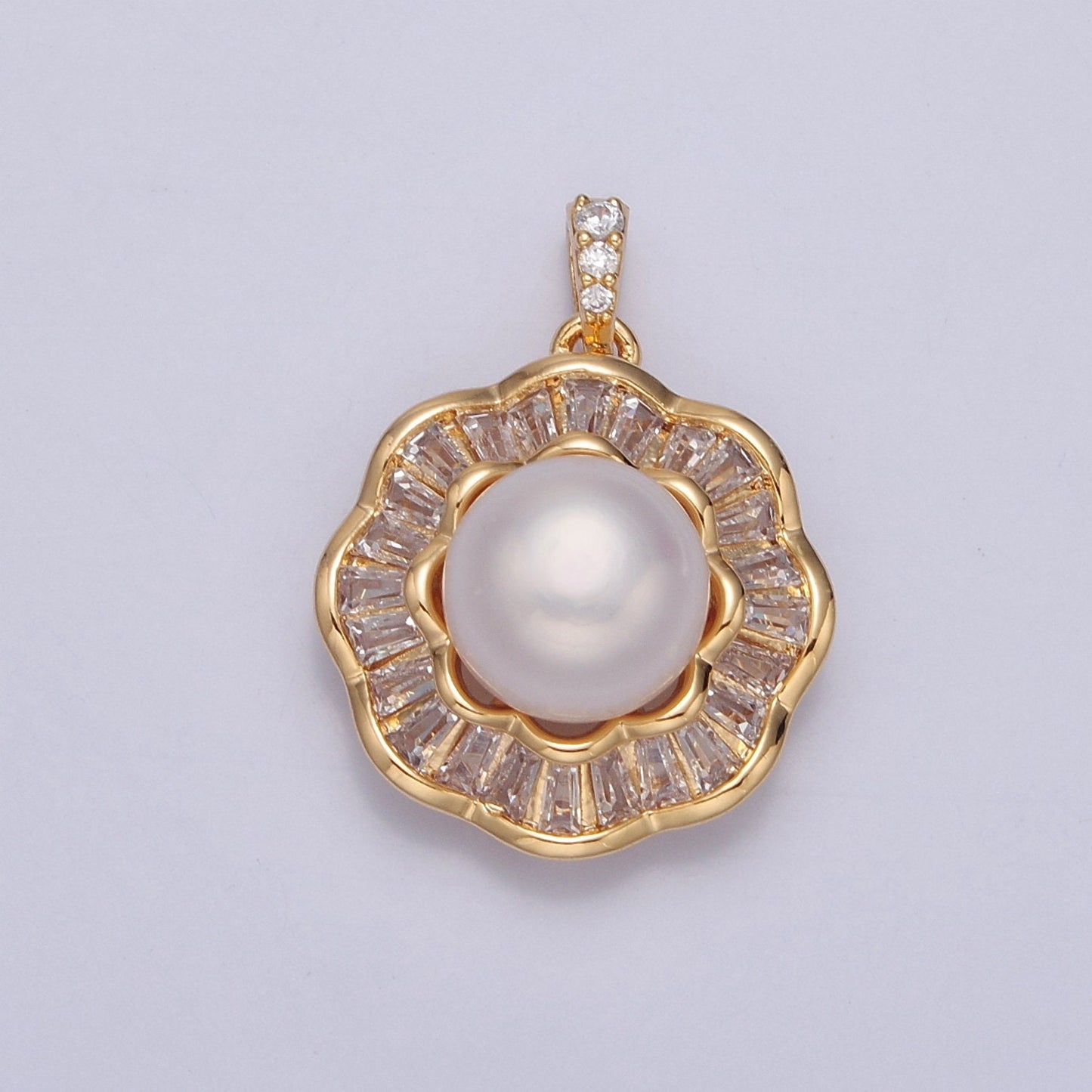 Dainty Round Clear Baguette Charm Genuine Shell Pearl Pendant Minimalist Bridal Wedding Jewelry, Pearl Flower Pendant For Necklace I-027