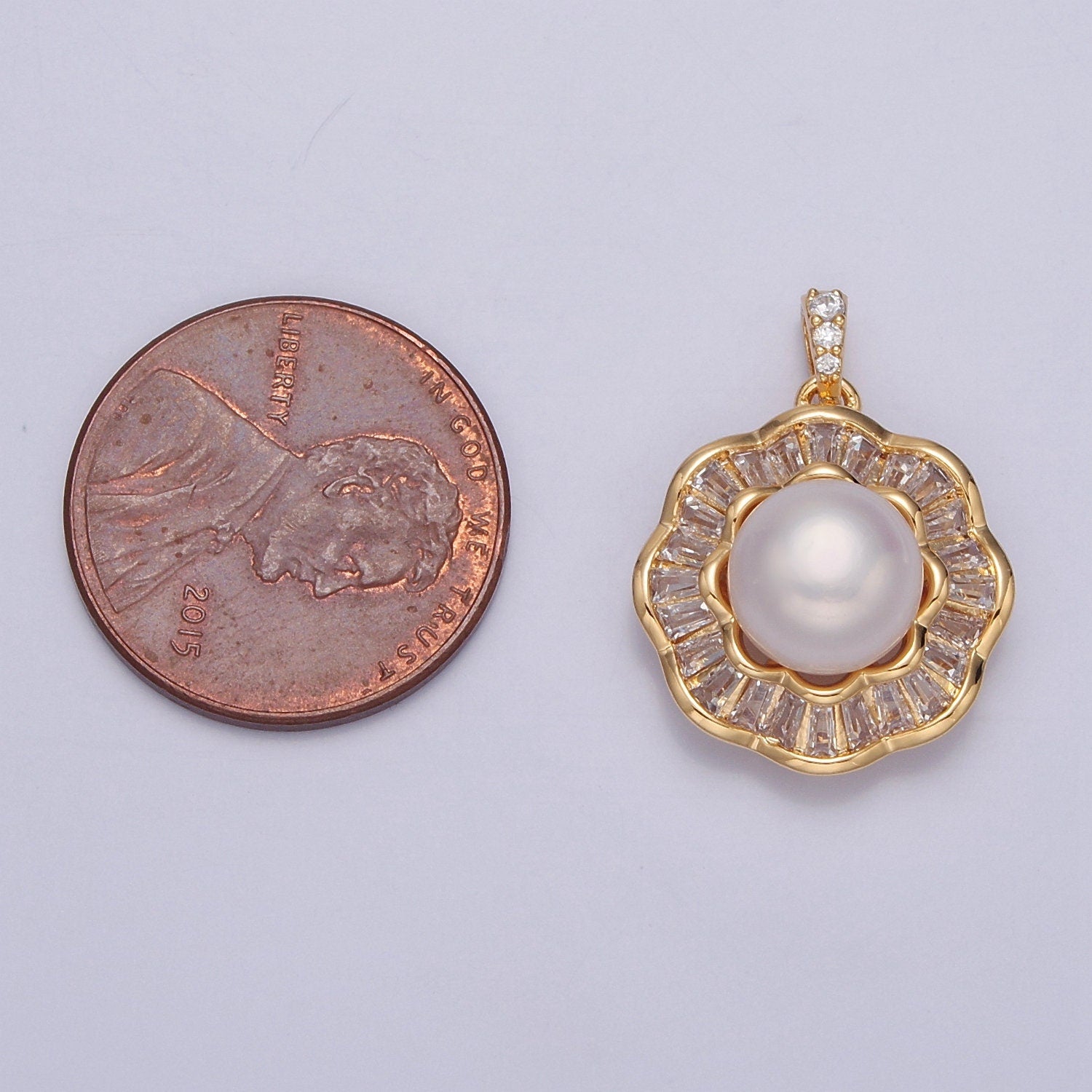 Dainty Round Clear Baguette Charm Genuine Shell Pearl Pendant Minimalist Bridal Wedding Jewelry, Pearl Flower Pendant For Necklace I-027