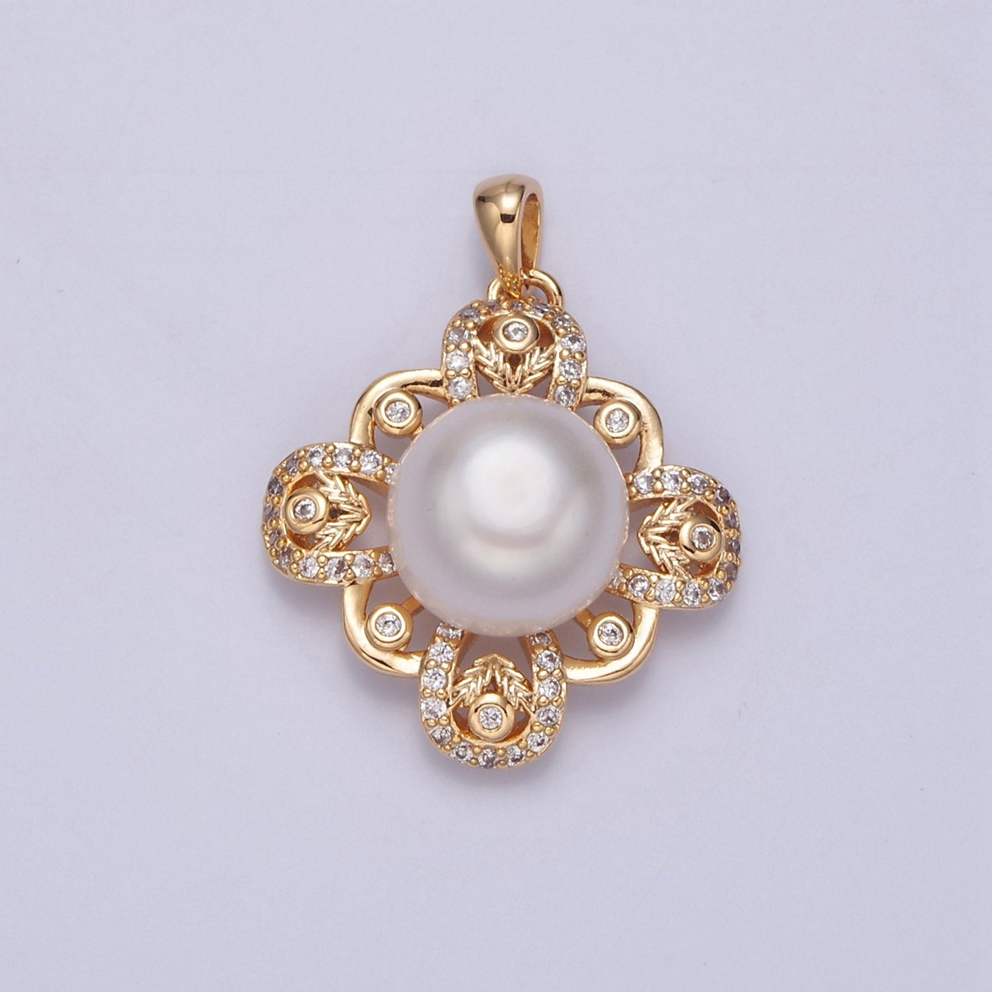 Vintage Round Pave Genuine Shell Pearl Pendant Minimalist Bridal Wedding Jewelry I-030