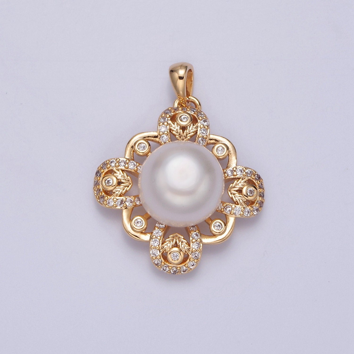 Vintage Round Pave Genuine Shell Pearl Pendant Minimalist Bridal Wedding Jewelry I-030