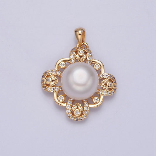 Vintage Round Pave Genuine Shell Pearl Pendant Minimalist Bridal Wedding Jewelry I-030
