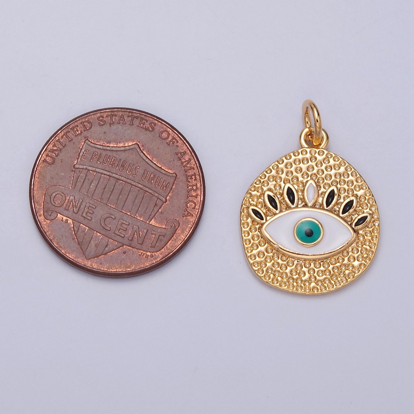 Round Gold Medallion Pendant with Enamel Evil Eye, Textured Protection Charm For DIY Jewelry Necklace Making, E-779