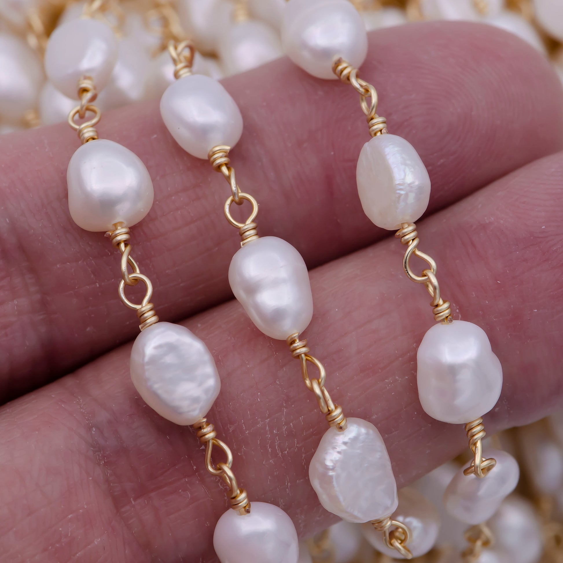 24K Gold Filled Unfinished White Freshwater Pearl Chain, Baroque Mother of Pearl Wholesale Bulk Roll | ROLL-710