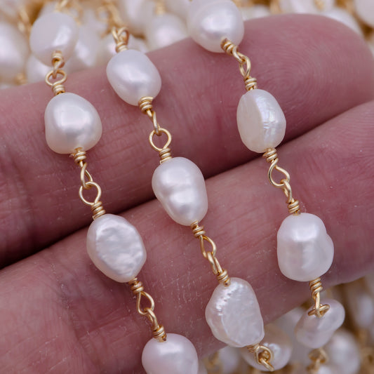 24K Gold Filled Unfinished White Freshwater Pearl Chain, Baroque Mother of Pearl Wholesale Bulk Roll | ROLL-710