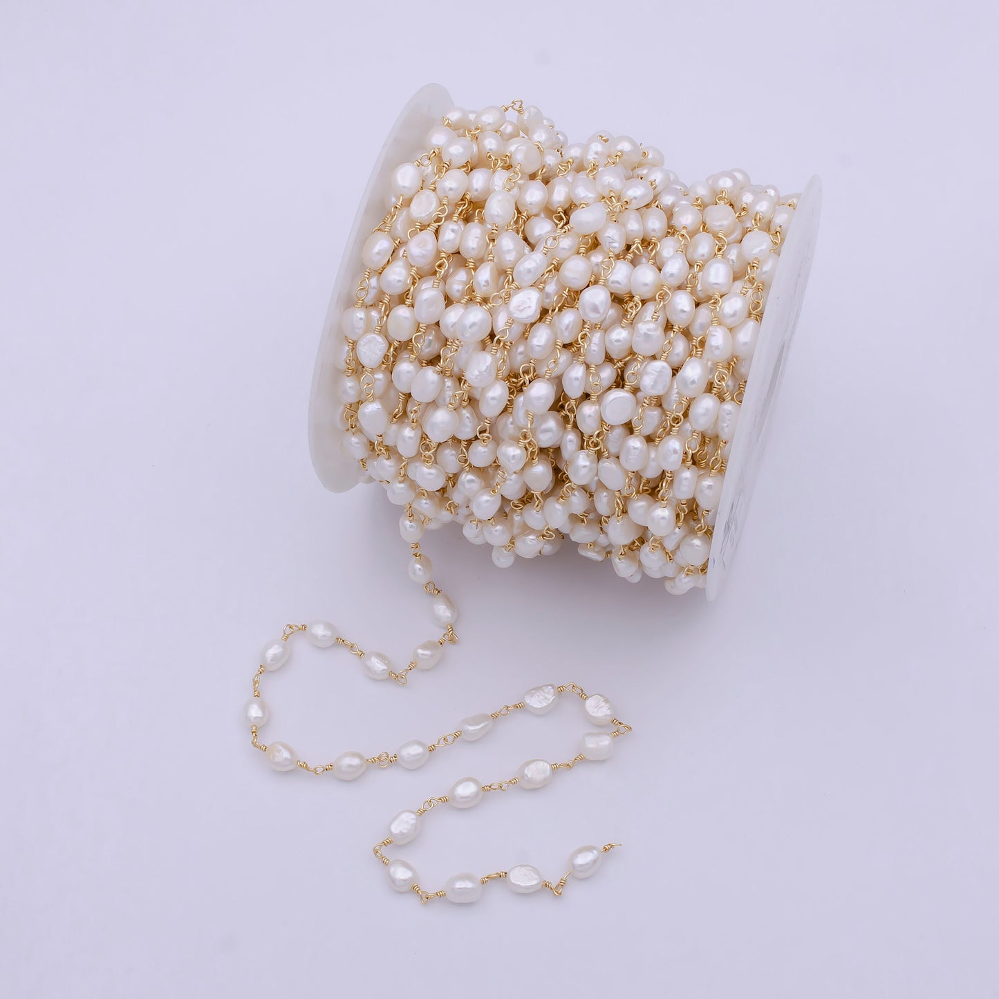 24K Gold Filled Unfinished White Freshwater Pearl Chain, Baroque Mother of Pearl Wholesale Bulk Roll | ROLL-710
