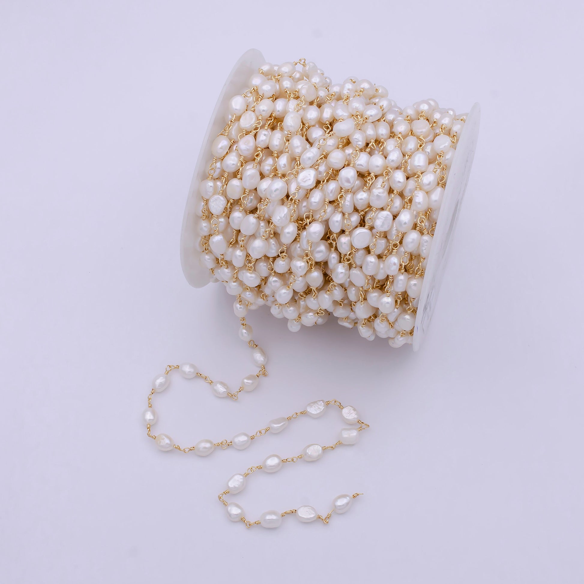 24K Gold Filled Unfinished White Freshwater Pearl Chain, Baroque Mother of Pearl Wholesale Bulk Roll | ROLL-710