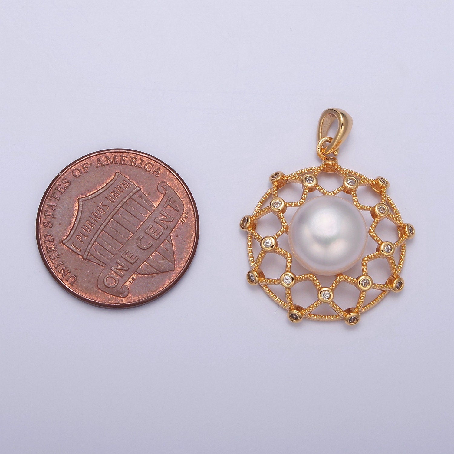 Round Medallion Pave Genuine Shell Pearl Pendant Minimalist Bridal Wedding Jewelry I-044