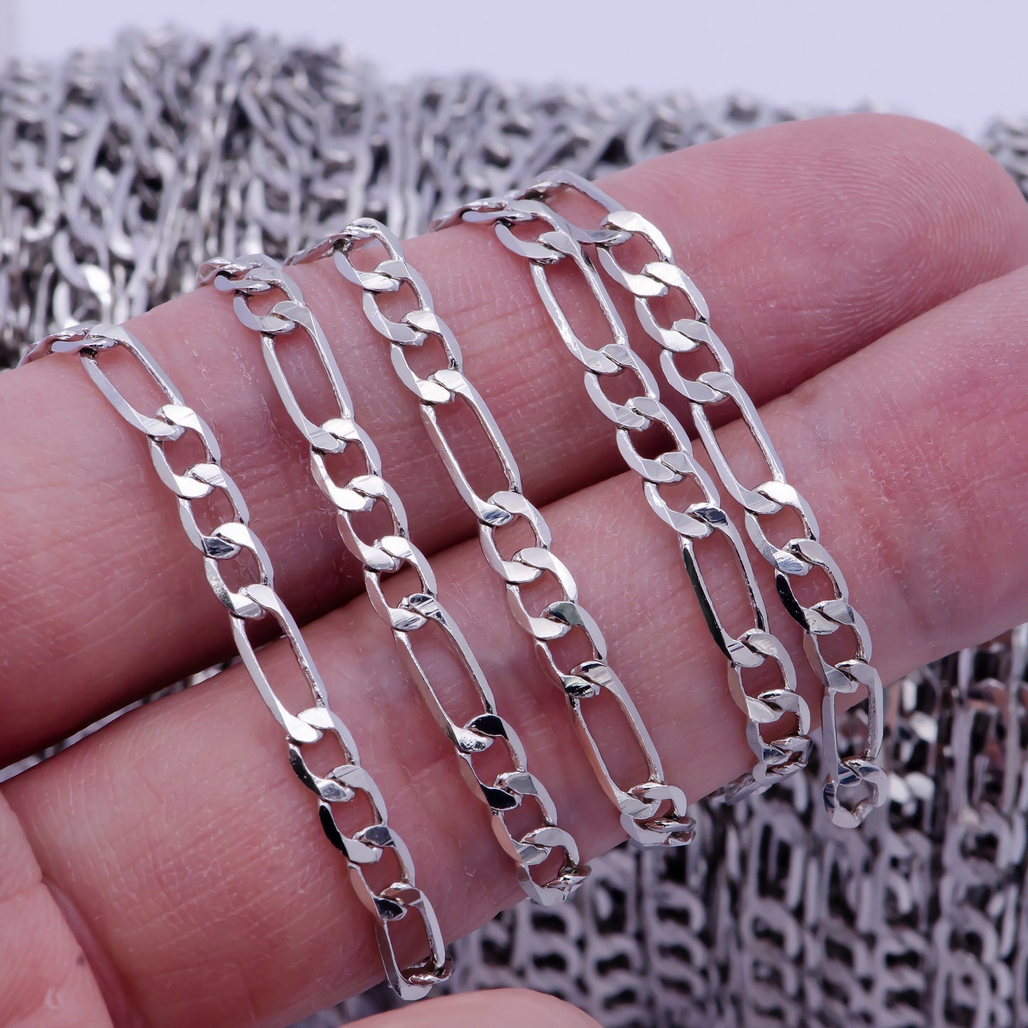 Rhodium Silver Plated Unfinished Flat Figaro Chain by Yard, Wholesale Bulk Figaro Chain | ROLL-737
