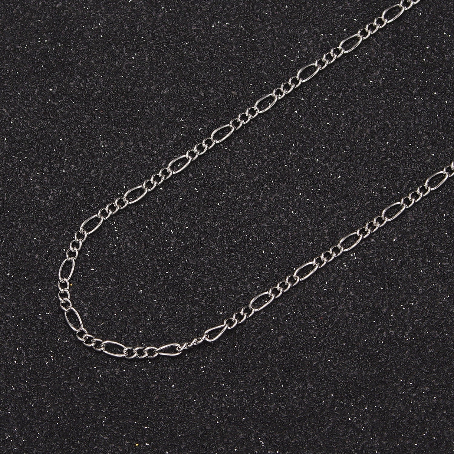 Dainty Rhodium Unfinished Silver Plated Flat Figaro Chain by Yard, Wholesale Bulk Figaro Chain | ROLL-762