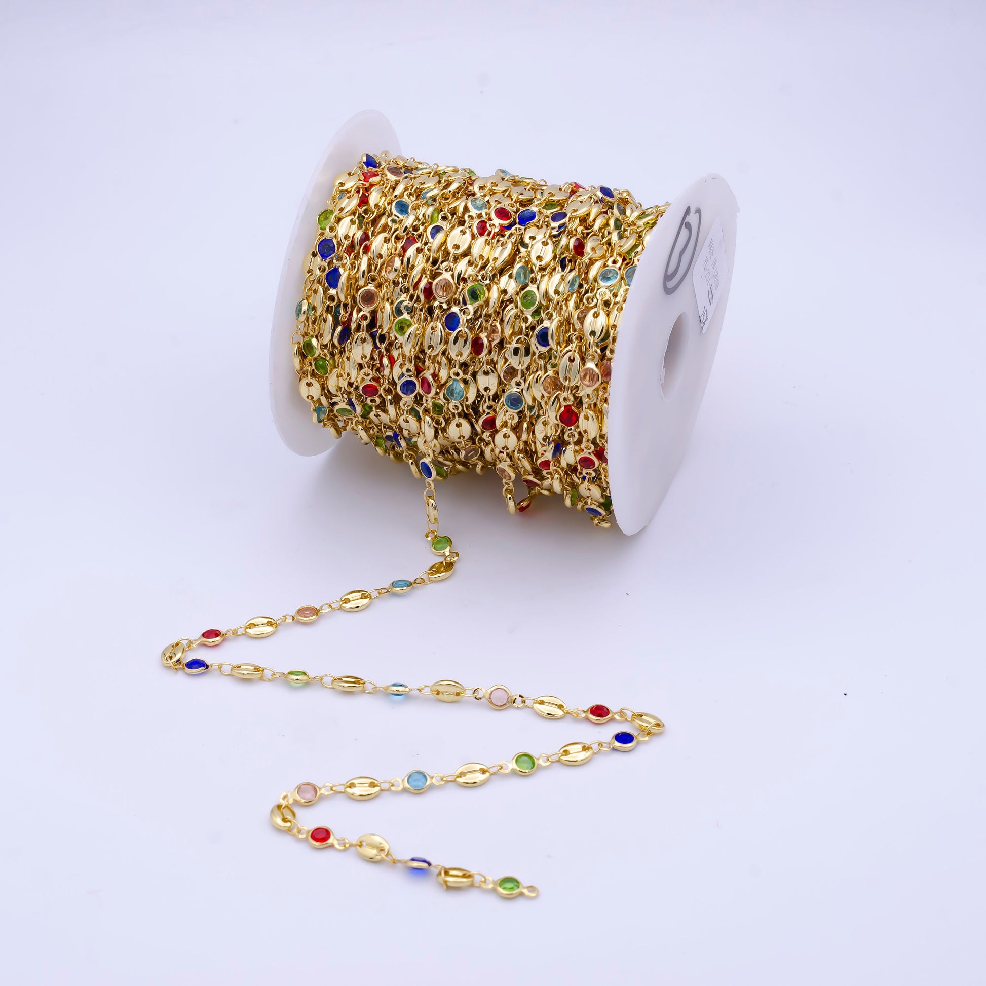 24K Gold Filled Dainty Multicolor Round Circular CZ Beads Mariner Chain by Yard, Bulk Wholesale Gold Colorful Mariner Chain | ROLL-798