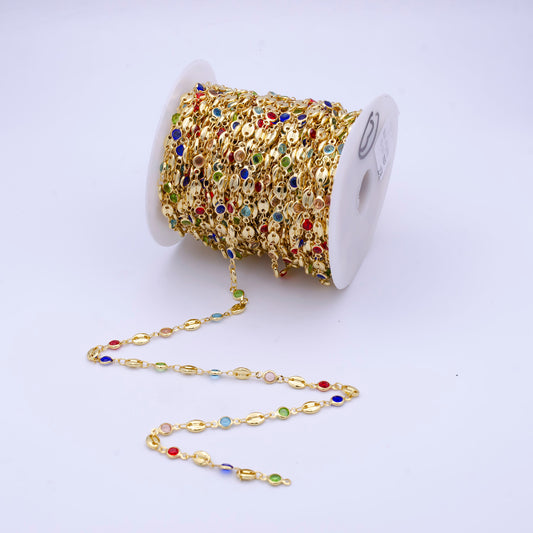 24K Gold Filled Dainty Multicolor Round Circular CZ Beads Mariner Chain by Yard, Bulk Wholesale Gold Colorful Mariner Chain | ROLL-798