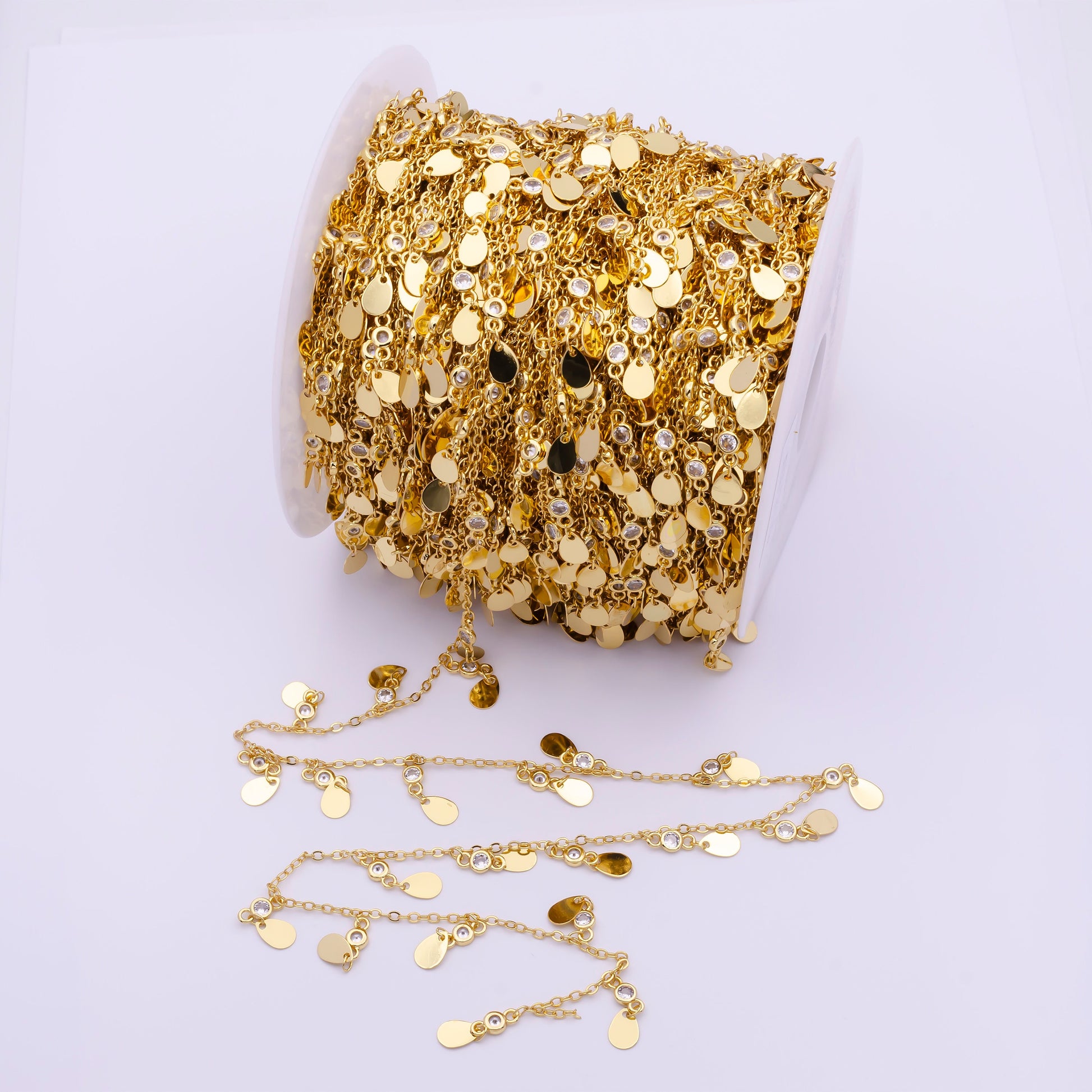 24K Gold Filled Teardrop CZ Sequin Chain by Yard, Wholesale Bulk Gold Tear Drop Chain, Anklet, Bracelet, belly dancer Waist Supp | ROLL-814