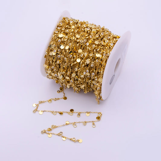 24K Gold Filled Round Disc CZ Sequin Chain by Yard, Wholesale Bulk Gold Coin Chain, Anklet, Bracelet, belly dancer Waist Supp | ROLL-816